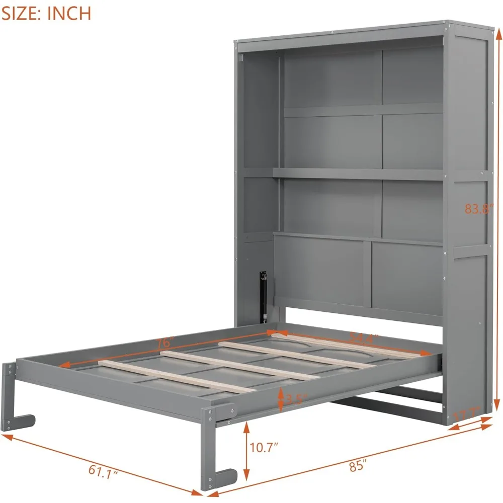 Full Size Murphy Bed Wall Bed Cabinet with Storage Shelves, Space-Saving for Multipurpose Guest Room or Home Office, Gray 2