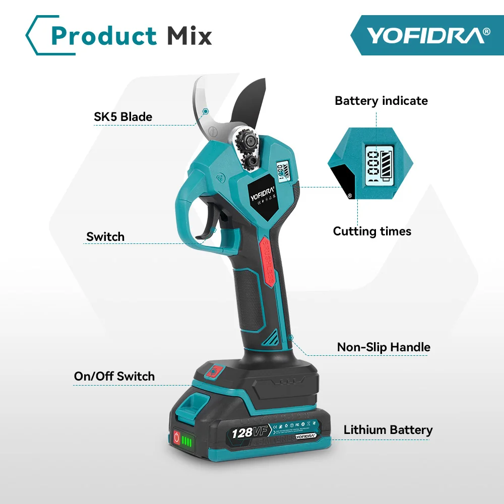 YOFIDRA Brushless Electric Pruner Shear 38mm, 2 Gears Cordless Tree Bonsai Pruning Electric Scissors For Makita 18V Battery Pin - Image 6