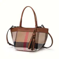 New Plaid Canvas & Cowhide Small Handbag for Women – Caramel Color Designer Shoulder Purse, Vintage Checkered Fashion Bag - Image 3