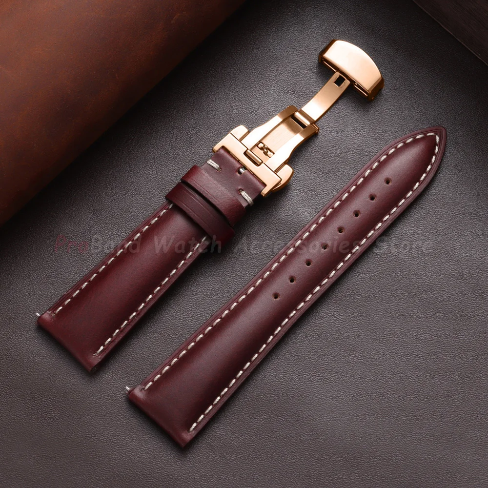 Vintage Brown Oil Wax Leather Watch Strap with Butterfly Buckle - Men's Accessory