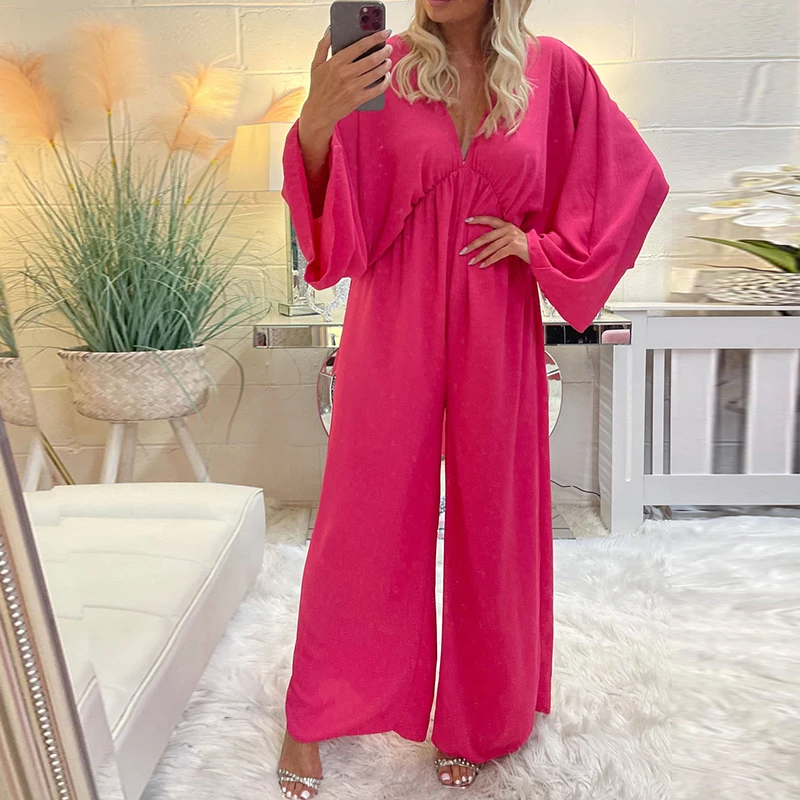 

Casual Loose Deep V-neck Backless Tie-Up Jumpsuits Woman High Waist Loose Wide Leg Romper Fashion Simple Solid Pullover Jumpsuit