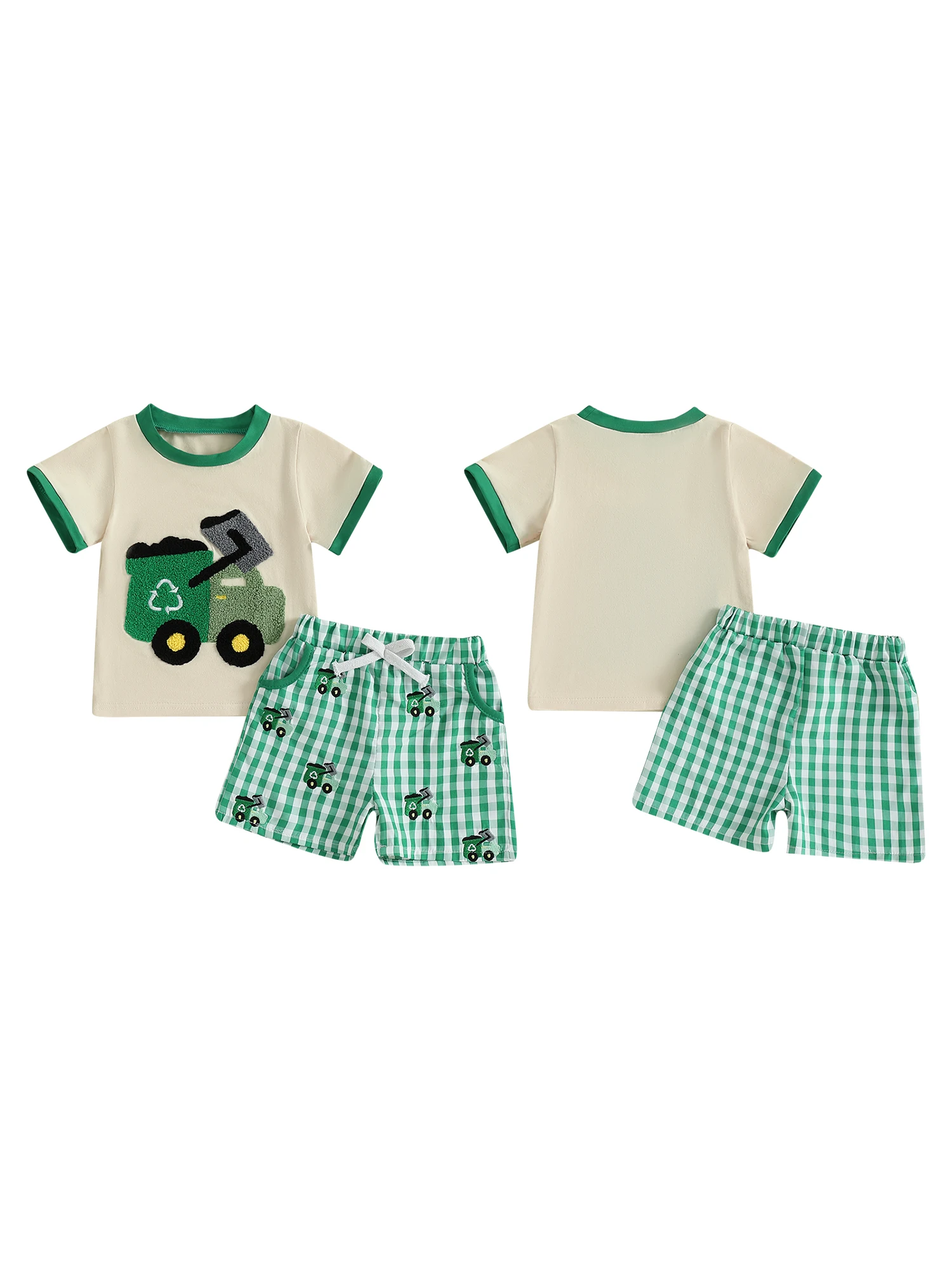 Description Picture 3 of itemToddler Boys Summer Shorts Sets Short Sleeve O Neck Tractor Embroidery Tops and Plaid Shorts