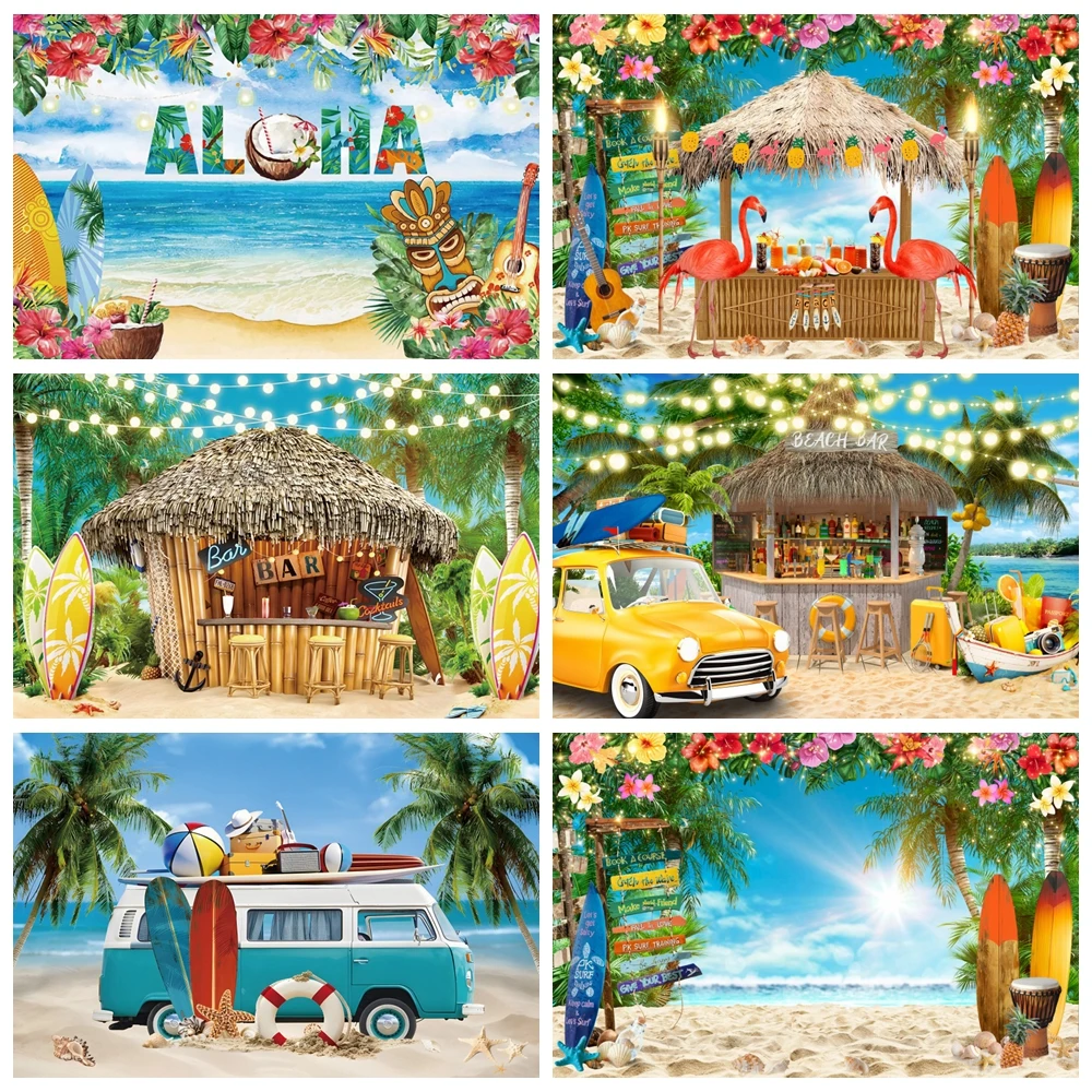 Estate Hawaii Sfondo Fotografia Aloha Flower Tropical Seaside Beach Palm Tree Flamingo Party Compleanno Foto Sfondi Puntelli