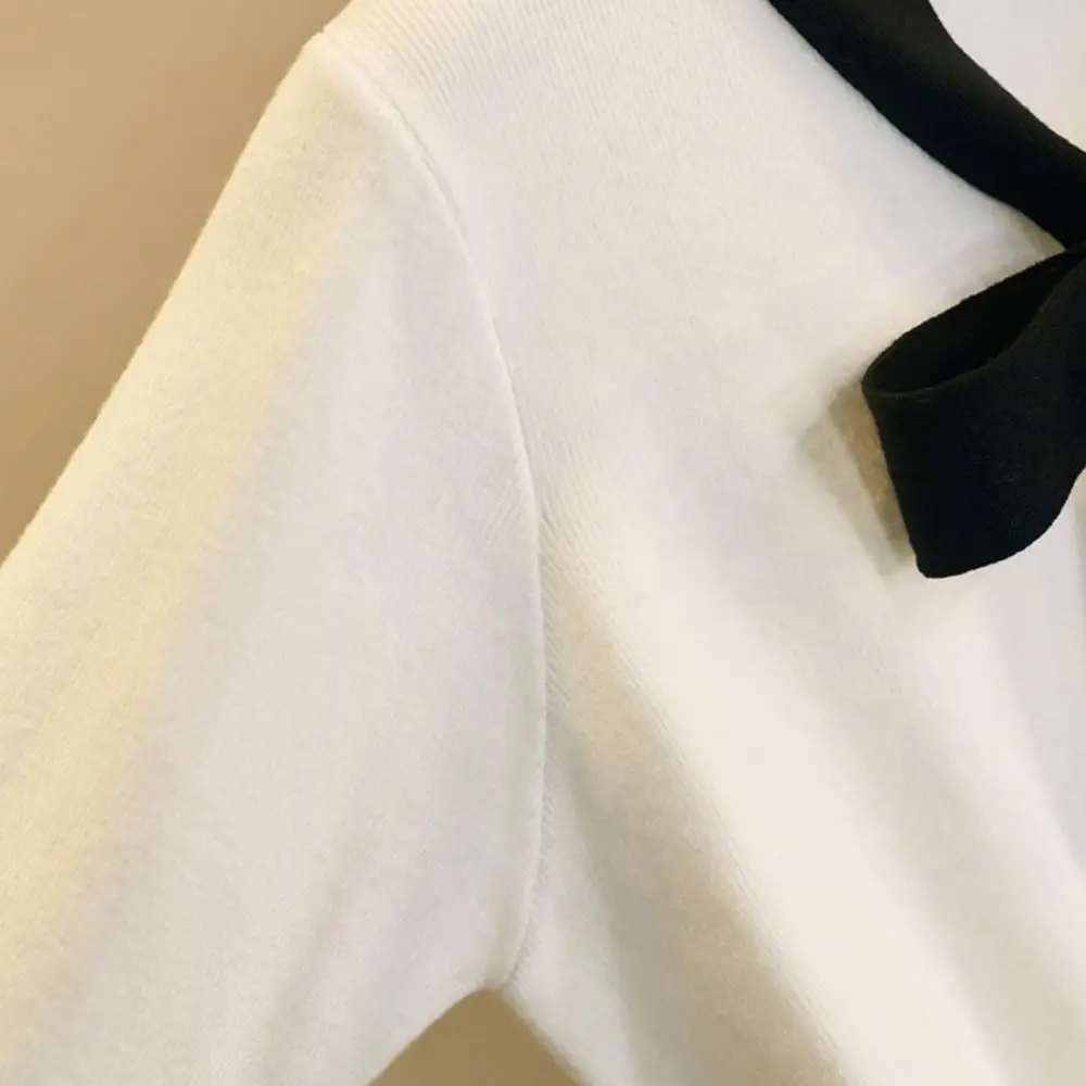 

Ele-Choices 2021 Autumn Women Long Sleeve Neck Tie Bowknot Knit Blouse Buttons Sweater Pullover