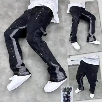 Trendy High Street Brand Men's Jeans Loose Fit Straight Leg Casual Drag Trousers American Style Vintage Vibe Micro Flare 1