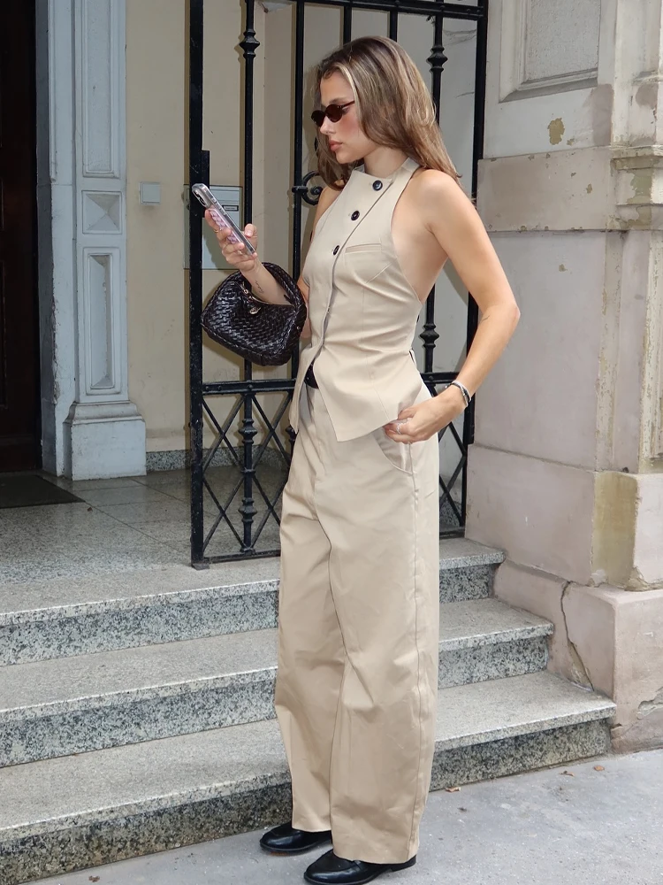 HH Autumn Women Fashion Pants Suit Backless Hanging Neck Collar Sleeveless Top+Loose Belt Straight High Waist Zipper Trousers 2