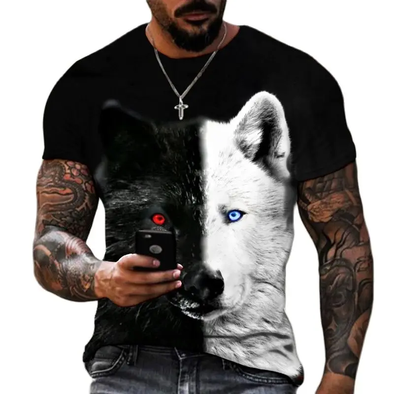 

Lion fighting animal beast wolf 3D T-shirt new summer men's oversized round neck short sleeve black and white design polyester
