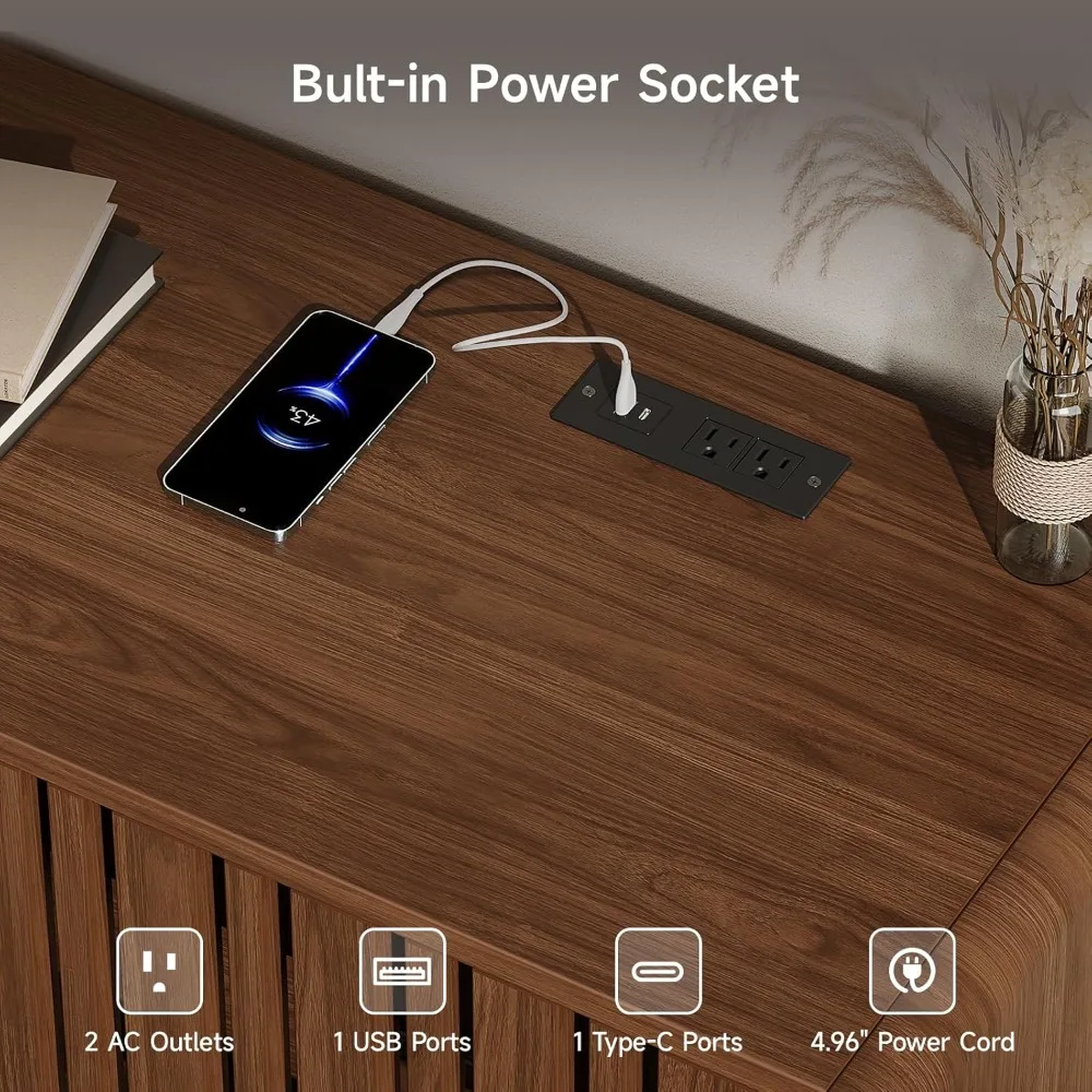 63-inch tv stand for tvs up to 75 inch, mid-century modern television stand with power outlet， entertainment center with sliding