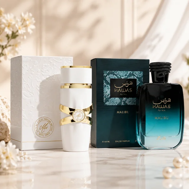 Arabian Perfume Gift Set, Moi EDP + Rasasi Hawas Malibu For Him Eau De Parfum 100ml Each, Fresh Marine Fruity Woody Fragrance, Long Lasting Unisex Cologne For Men Women