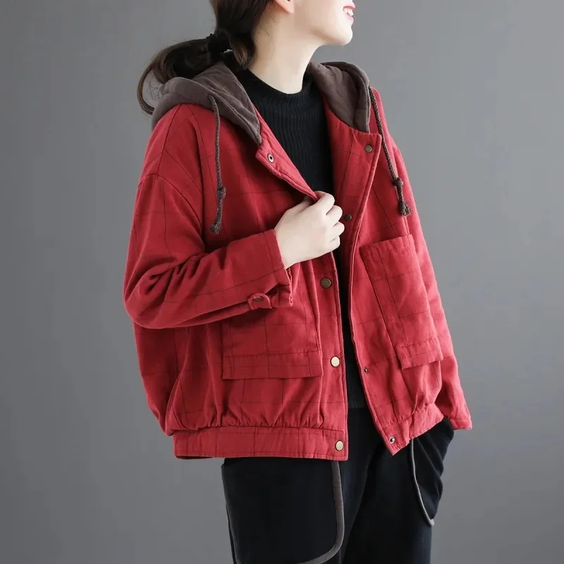 

2022 Autumn Winter New Loose Literary Vintage Plus Velvet Thickened Padded Coat Plaid Hooded Short Coat Women Padded Jacket Top