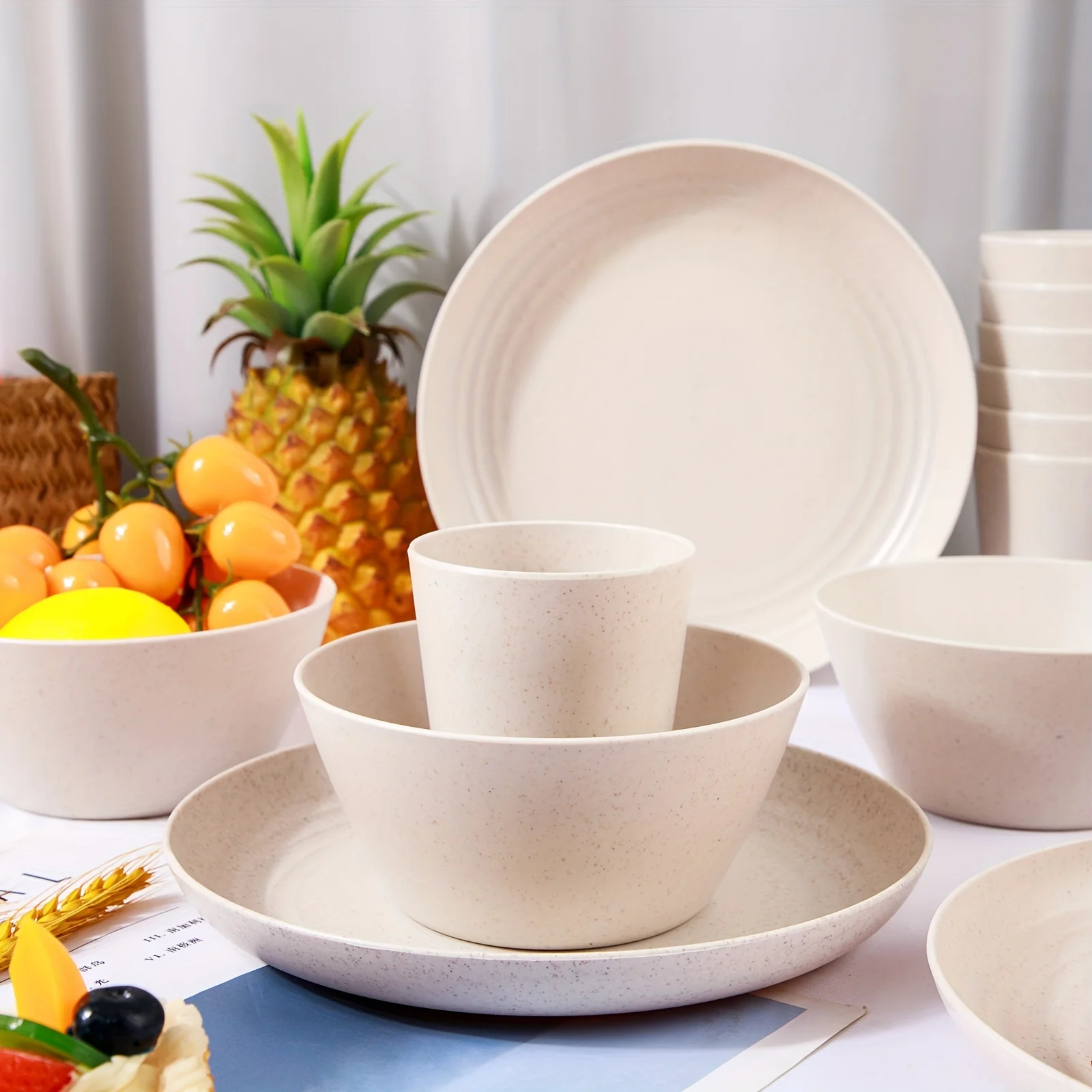 

36pcs Wheat Straw Dinnerware Set of 12, Plates and Bowls Set,Reusable Plastic Reusable Beige Plates,Camping Plates Cups and Bowl