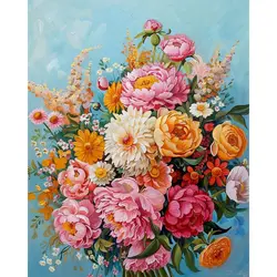 Vibrant Floral Canvas Art Kit with Frame - DIY Handpainted Oil Artwork, 60x75cm - 60x75cm No Frame (Light green)