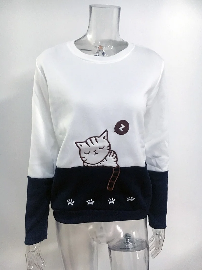 Women Cartoon Cat Embroidery Sweatshirts O-Neck Long Sleeve Animal Pullovers Autumn Winter Warm Color Matching Tops Streetwear
