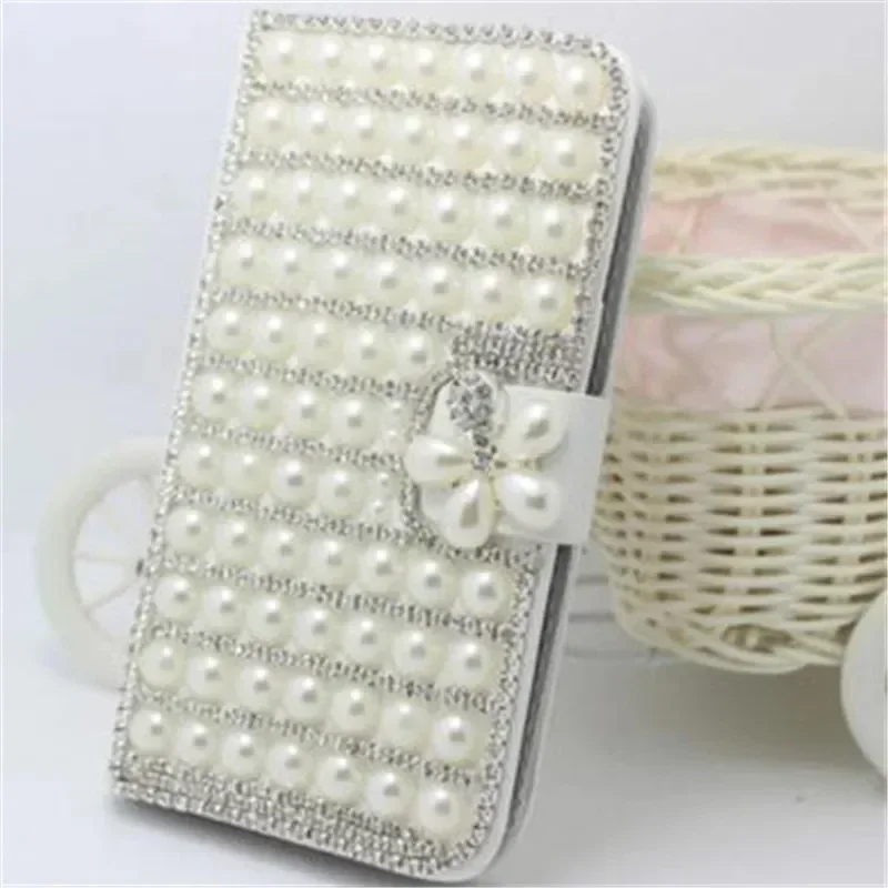 Luxury Crystal Rhinestone Wallet Leather Diamond Phone Case For iPhone16 14 15 12 13Pro Max XR plus Pearl Flower Lipstick Cover