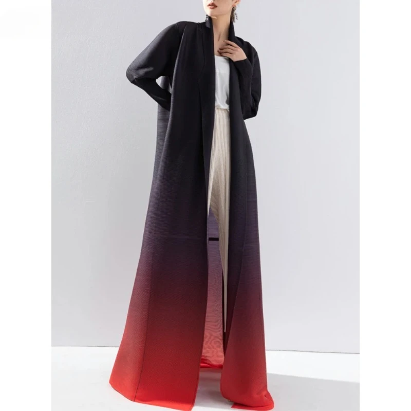 

Miyake Pleated Oversized Women Trench 2024 Spring New Gradient Retro Design Luxury Female Coat Robe