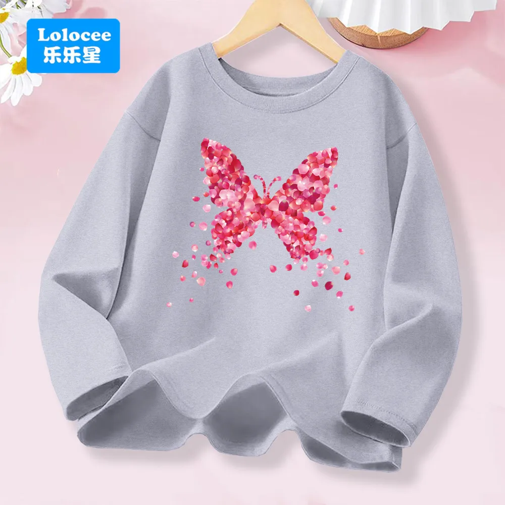 Pink Flower Butterfly Graphic Long Sleeve Girls' Fashion Tee