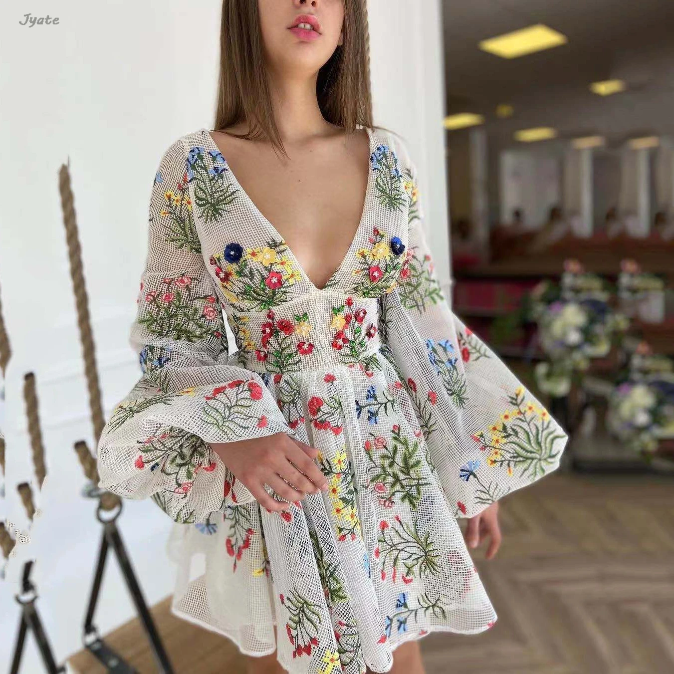 

Lantern Sleeve Chic Summer Women Mesh Flower Embroidery Fashion Short Dress Sweet A-line Beach Birthday Party Dress Vestidos