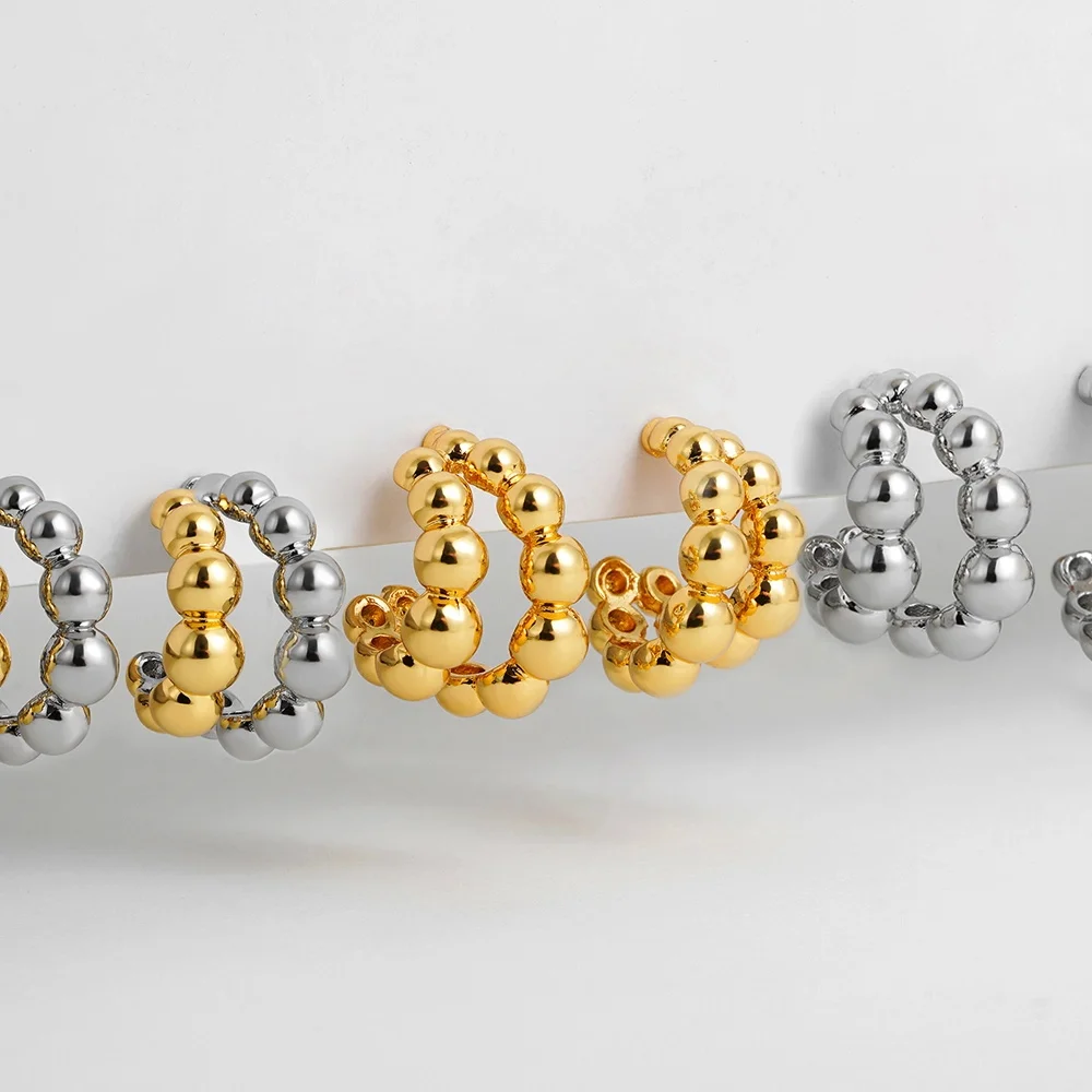 Double Layer Stainless Steel Beads C-shaped Hoop Earrings Anti Allergic Metal Mix Color Geometric Ear Huggie Punk Jewelry Brinco