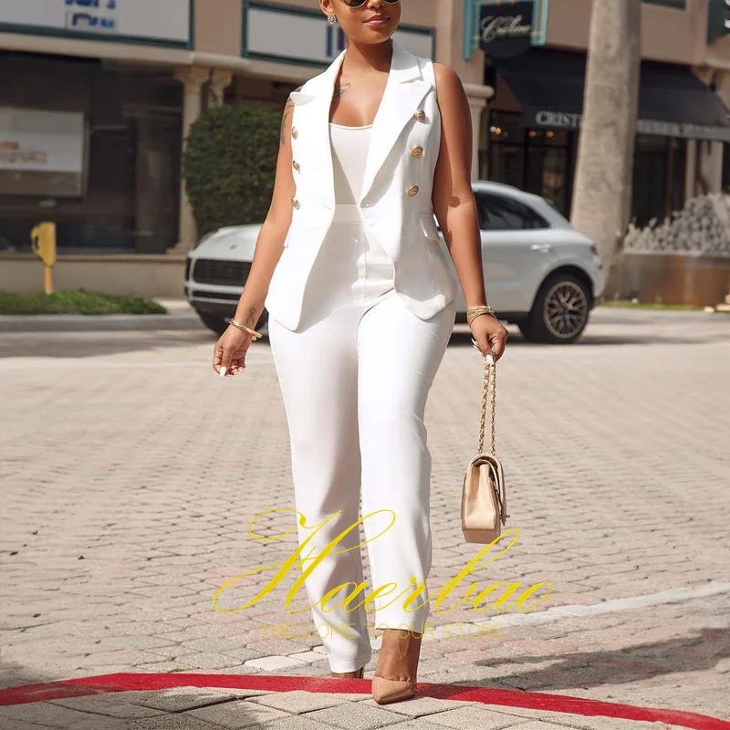 Women's Double Breasted Suit Pants and Vest, Loose Outfit, Office Workwear for Ladies, Fashion, 2Pcs