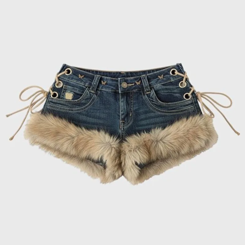 546484-0aa031.jpg Winter New Women's Retro Design Fluffy Splicing Jeans Shorts Y2k Low-rise Strap Slim Hot Pants - Image 1