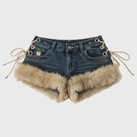 Winter New Women's Retro Design Fluffy Splicing Jeans Shorts Y2k Low-rise Strap Slim Hot Pants