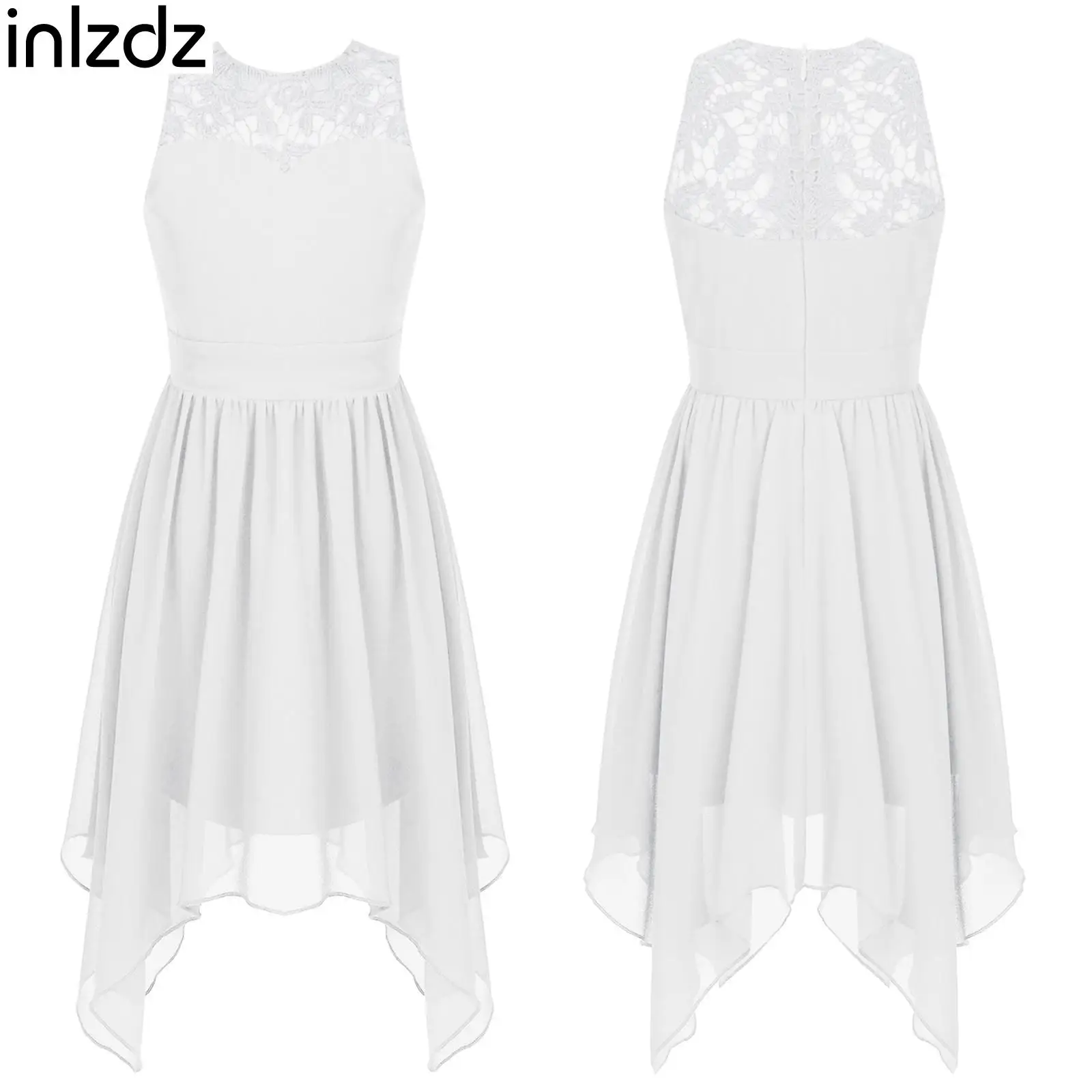 

inIzdz Kids Girls Chiffon White Polyester Hem Ballet Dresses with Crochet Lace Patchwork Sleeveless Party Dress Home Daily Wears