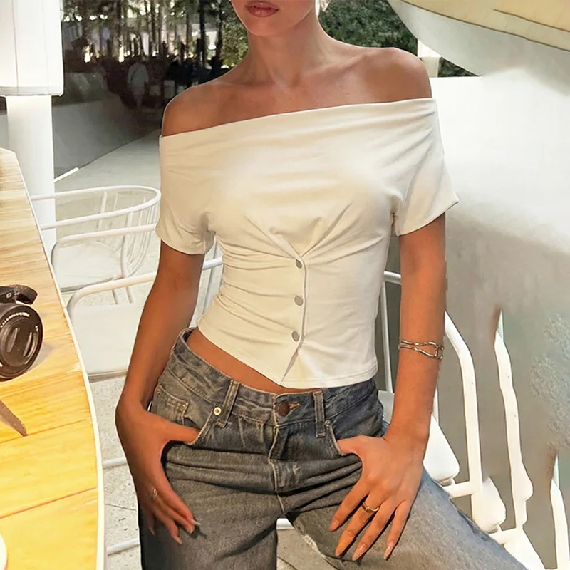 Tuularose Women Summer Top Fashion Button-Front Patchwork V-Neck Pleated Fitted Top New Casual High-Street Party Female T-Shirts