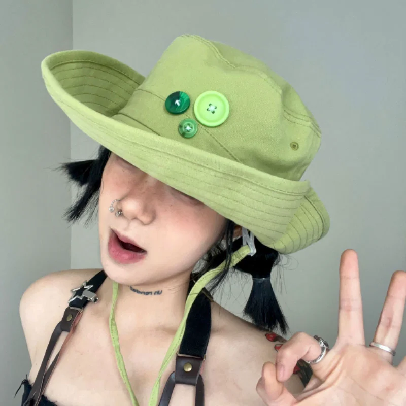 

Button Pink Hiking Hats for Women Summer Sunshade Sunscreen Western Cowboy Cap Outdoor Camping Big Brim Korean Bucket Hat