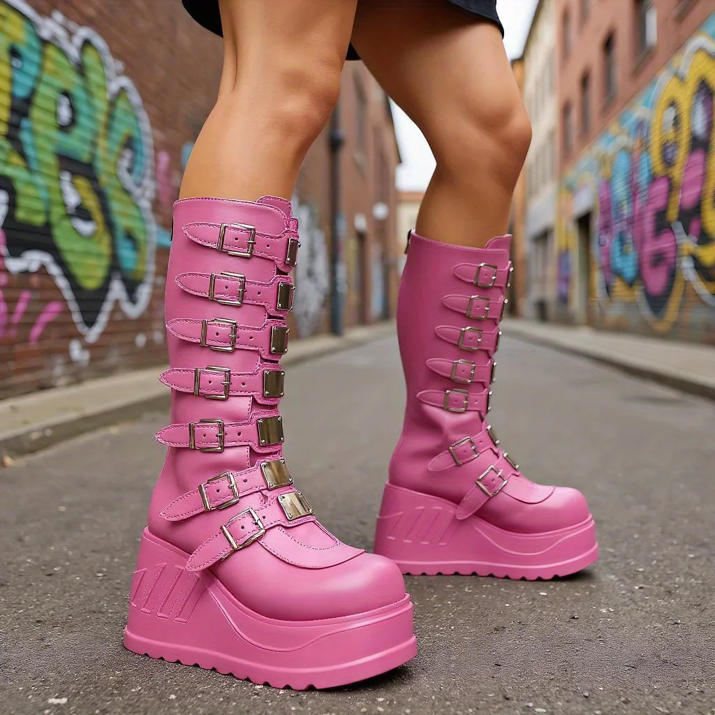 Women's Gothpunk Boots, Back Zip Platform Boots with Belt Trim - Suitable for Concerts, Theme Parties and Everyday Wear