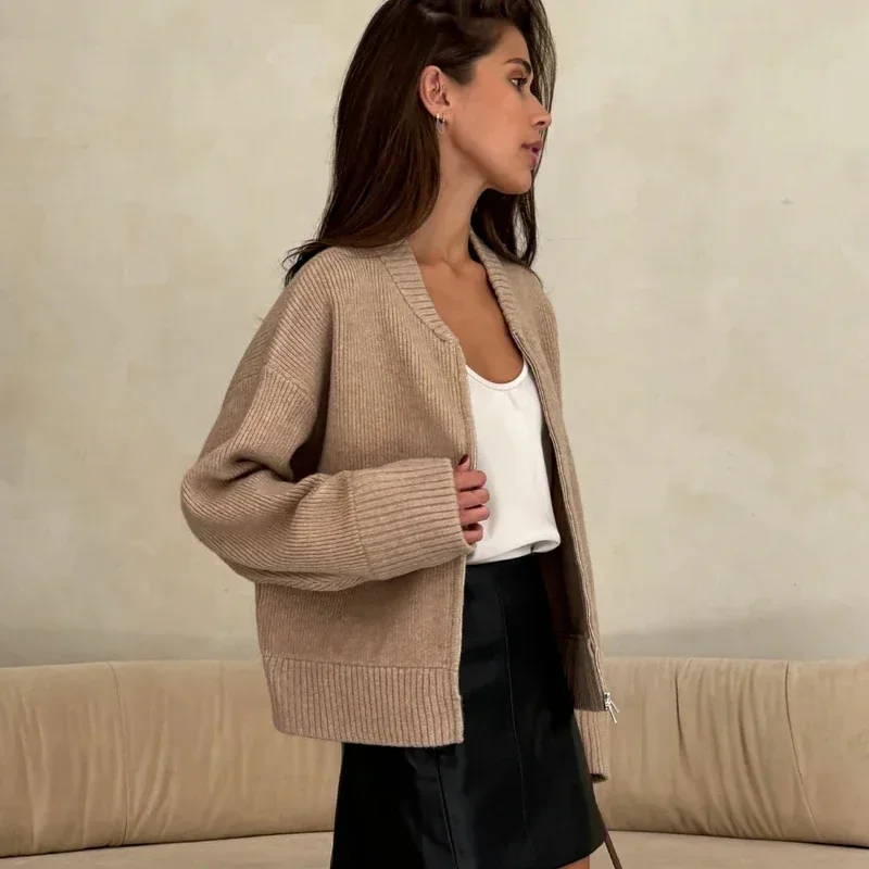 Autumn Winter Zipper O-neck Knitted Cardigans Women Solid Loose Long Sleeve Sweater Top Fashion Lady All-matching Knitwear