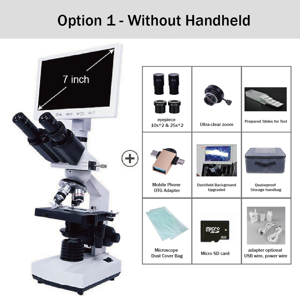 Trinocular Compound Microscope 40X-2500X Magnification Research-Grade with 7" LCD Monitor with Handheld Microscope