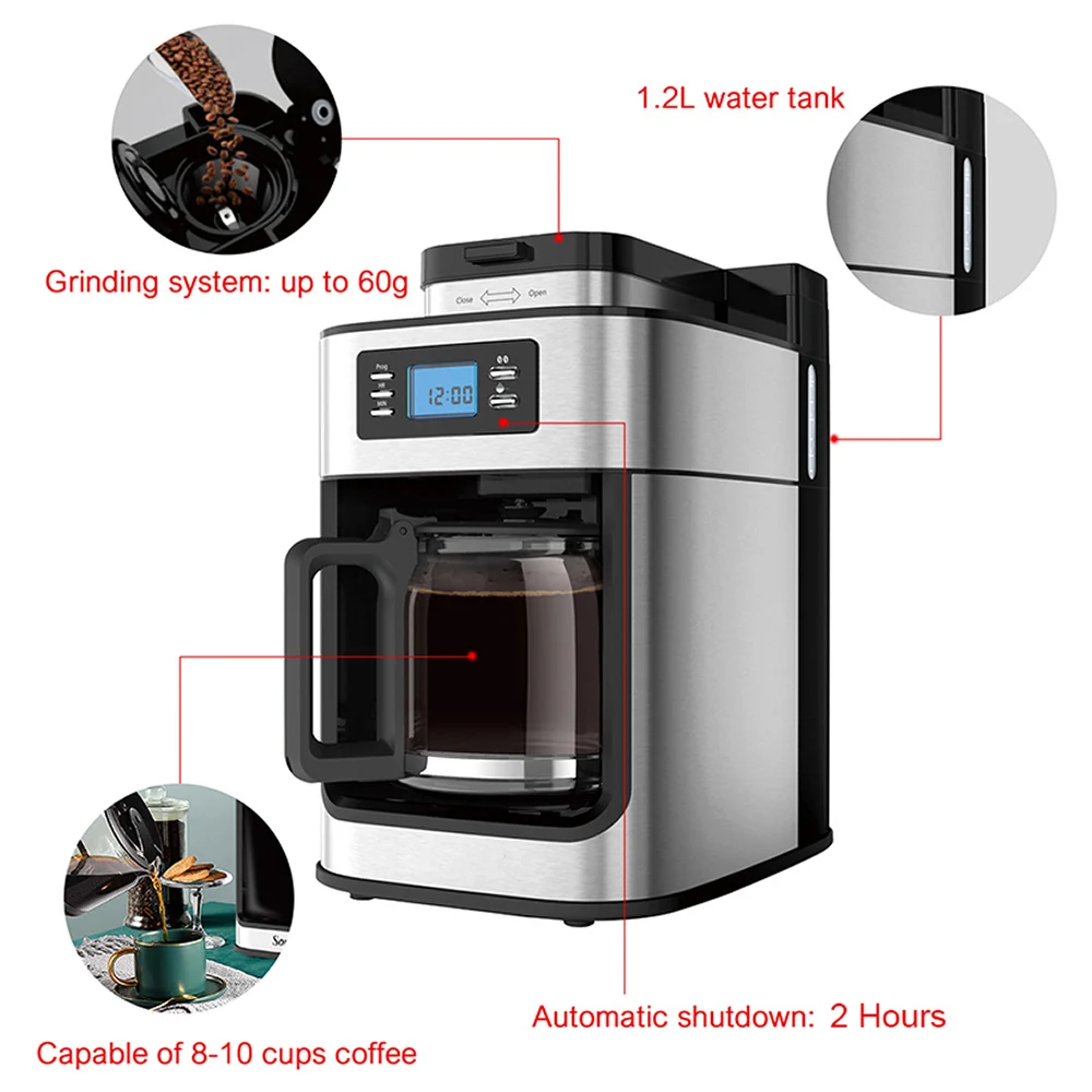 XEOLEO Automatic Coffee Machines 2 In1 Drip LED-Display Electric Bean Coffee Maker Espresso Tea Boiler Drip Mill Beans Grinding - Image 5