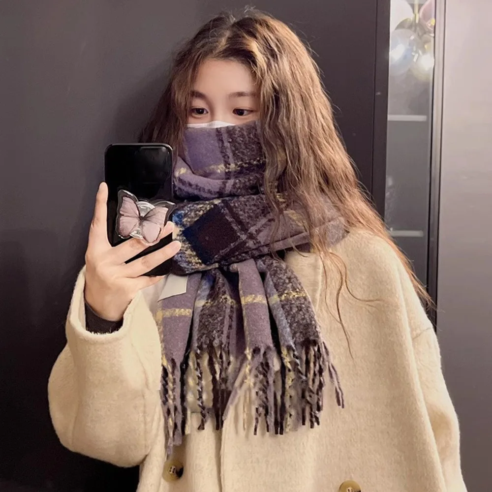 

Keep Warm Plaid Knitted Scarf Fashion Striped Plaid Cold Proof Wool Scarf versatile Warm Scarf Women