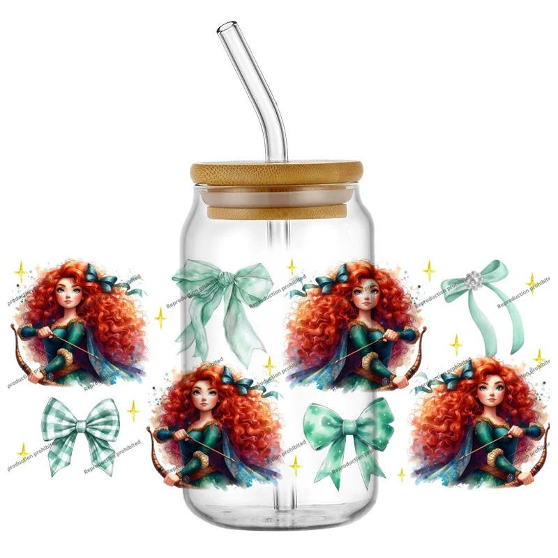 UV DTF Becherfolie Disney Prinzessinnen Schleifenmuster DTF Libbey Wraps Transfers 16oz Personalisierte UV DTF Skinny Tumbler Cartoon-Aufkleber
