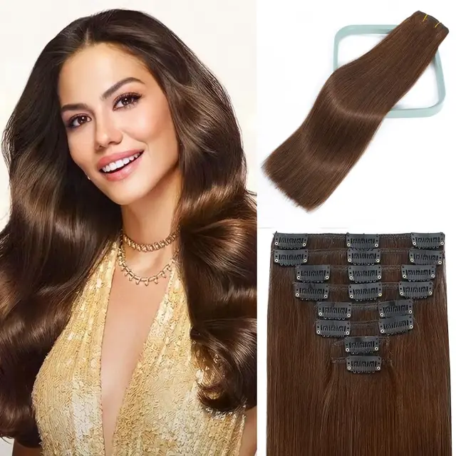 Straight Clip In Hair Extensions 8Pcs/Set Real Human Hair 4# Chotolate Brown Skin Weft Seamless Clip-On Hairpieces 14-26Inch