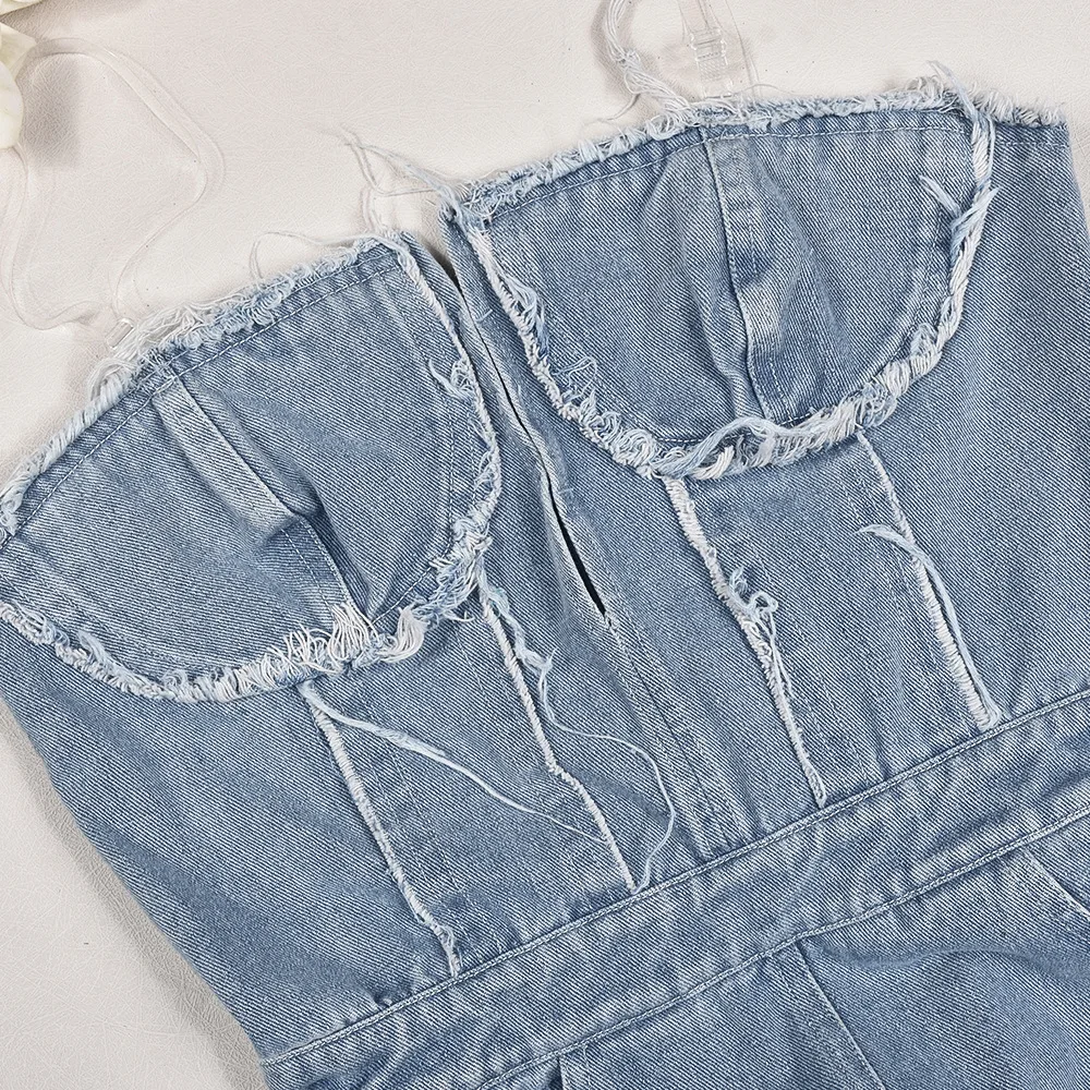Denim Women Jumpsuit Sexy Hollow Hole Zipper Long Chest Wrapped Y2k Sleeveless Jump Suit for Female Streetwear Summer 2024 New