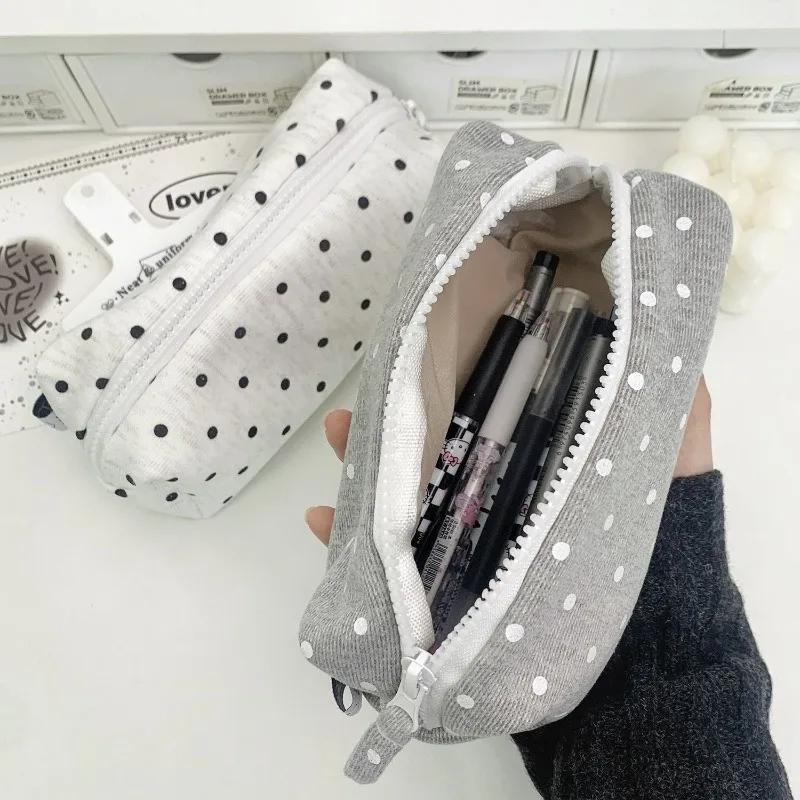 학생용 휴대용 패브릭 연필 가방 한국 스타일 도트 연필 케이스 대용량 패션 문구 정리함 메이크업 가방