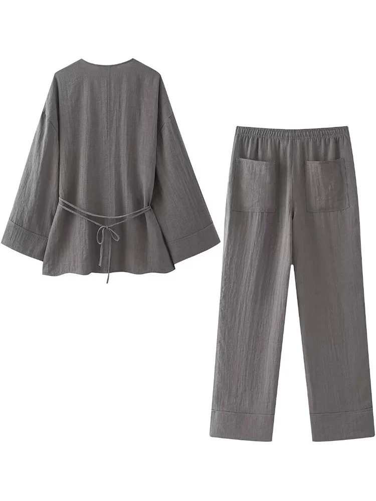 Description Picture 5 of itemWillshela Women Fashion Two Piece Set Solid Lace Up Loose Coats & Vintage High Elastic Waist Trousers Feamle Chic Lady Pant Sets
