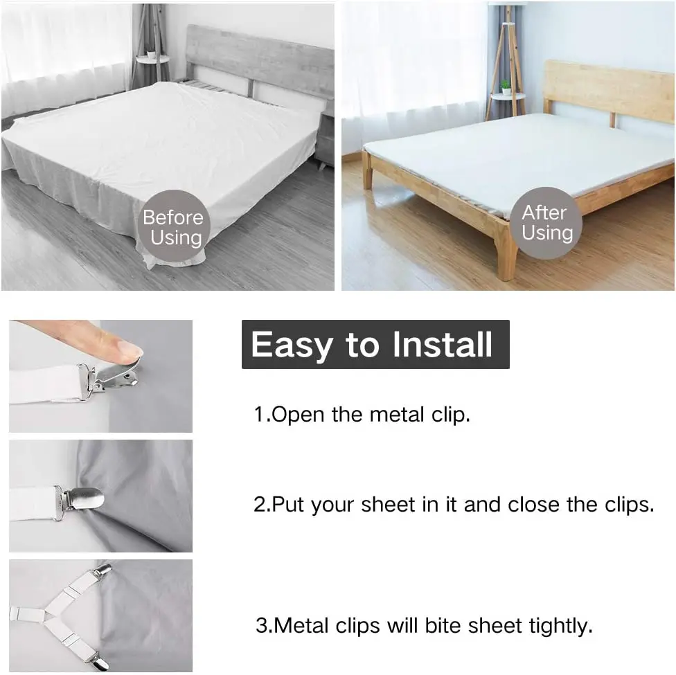 Bed Sheet Holder Straps, Rareccy Adjustable Bed Sheet Fastener and Triangle  Elastic Mattress Sheet Clips Suspenders Grippers Fasteners Heavy Duty