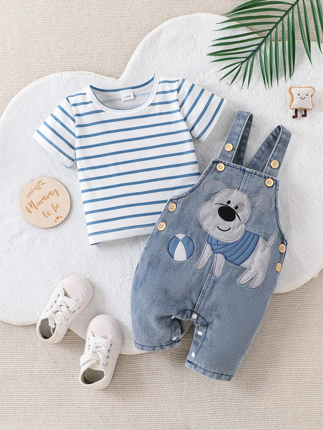 Baby Boy Striped T-Shirt + Cartoon Bear Denim Overalls Set, Cute Summer Casual Outfit for Going Out 2