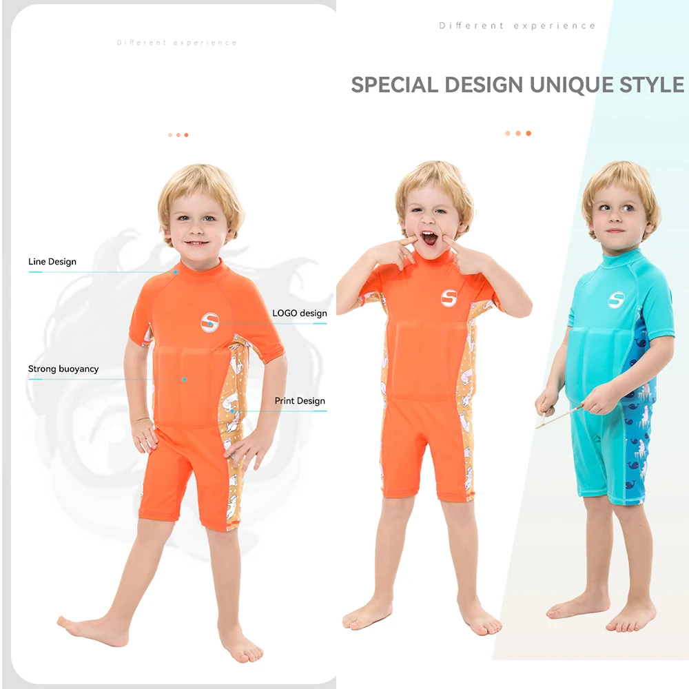 Children's Buoyancy Swimsuit Short Sleeves Warm Sunscreen Quick Dryig One Piece Swimwear Kids Diving Surfing Swimming Beach Wear children swimwear,swimsuit one piece
