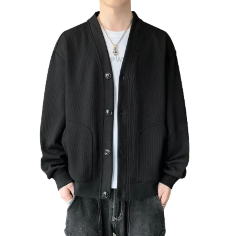 2023 Autumn V-neck Knitted Comfortable Versatile Imitation Sweater Cardigan Coat Fashion Casual Solid Korean Men's Overcoat Top