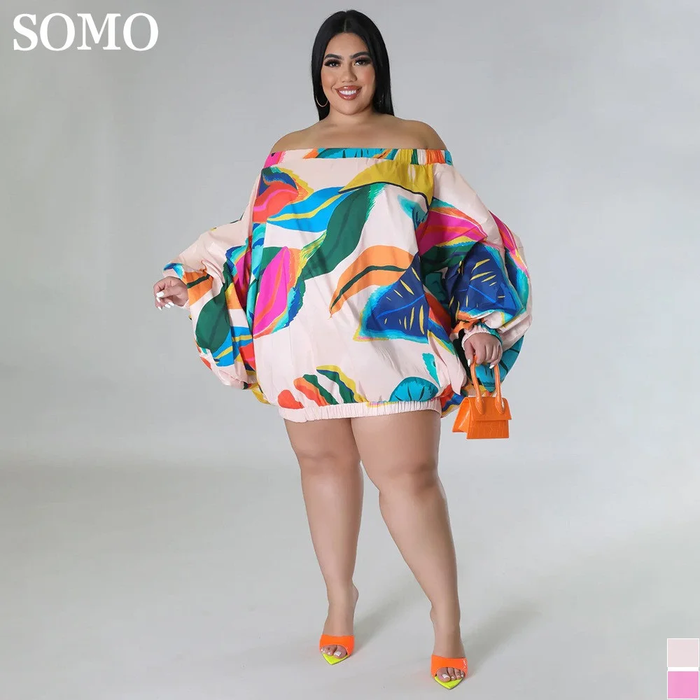 

Женское свободное мини-платье с рукавами-фонариками и принтом