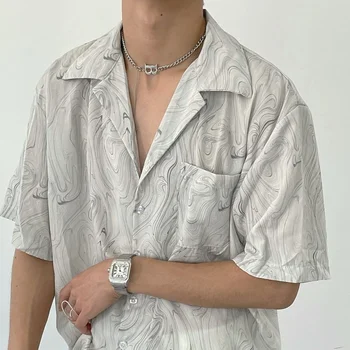 남성용 빈티지 웨이브 프린트 반팔, 오버사이즈 버튼업 셔츠, 루즈 캐주얼 비치 셔츠, 하와이안 최고 품질, 2022 여름