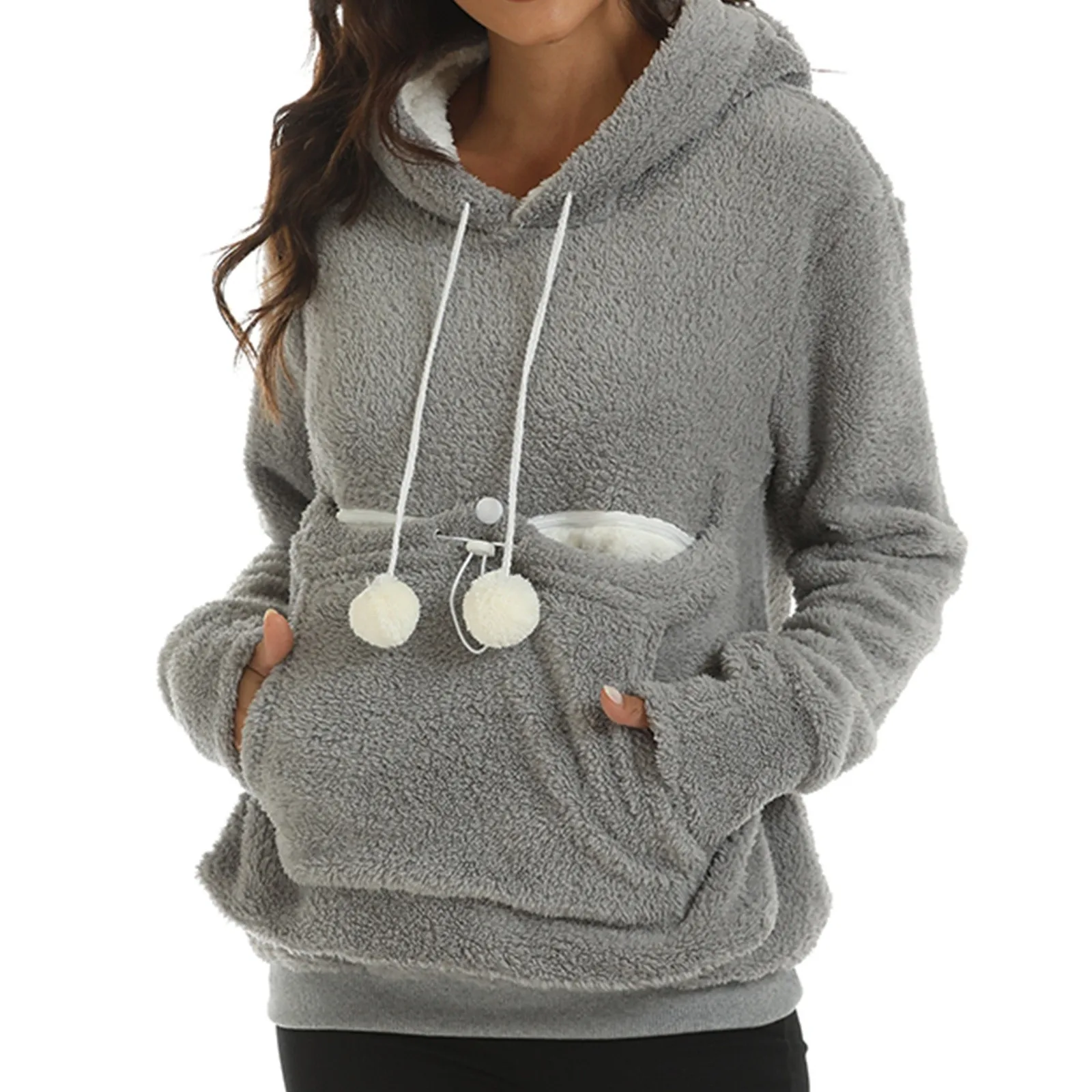 Plush Cute Pet Large Kangaroo Pocket Hoodies Women Sweatshirts Women Dog Cat Pouch Carrier Holder Coat Winter Fleece Warm Tops