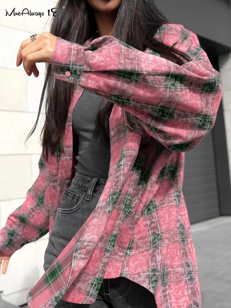 Mnealways18 Pink Checked Washed Shirts For Women Long Sleeve Street Style Plaid Blouses And Tops Oversized Ladies Lapel Loose