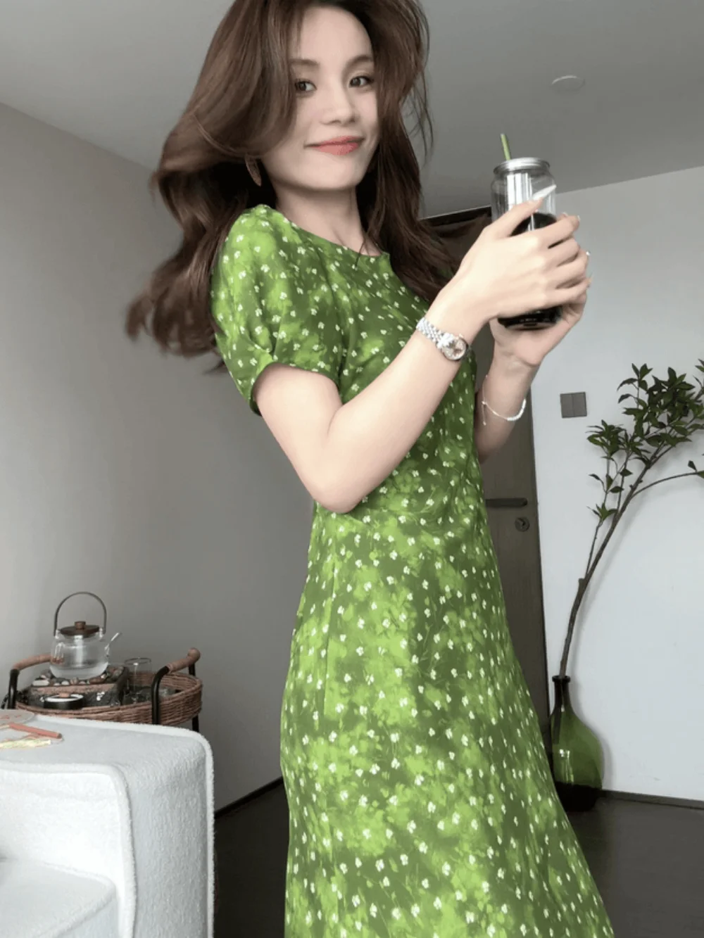 French Bouquet Puff Sleeve Dress French Fresh Green Floral French Bouquet Puff Sleeve Dress French Fresh Green Floral