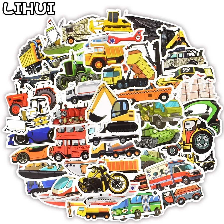 50 PCS Engineering Vehicle Car Sticker Cute Bus Truck Motorcycle Stickers for Kids Toy Travel Trolley Suitcase Laptop Skateboard 12v 24v 150db super loud four tone car air horn set trumpet compressor for car vehicle truck train boat motorcycle ship