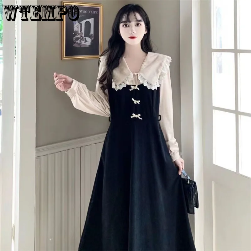 

Оверсайз женское платье WTEMPO с длинным рукавом во французском винтажном стиле Хепберн с имитацией двух частей кружевное элегантное платье в стиле пэчворк