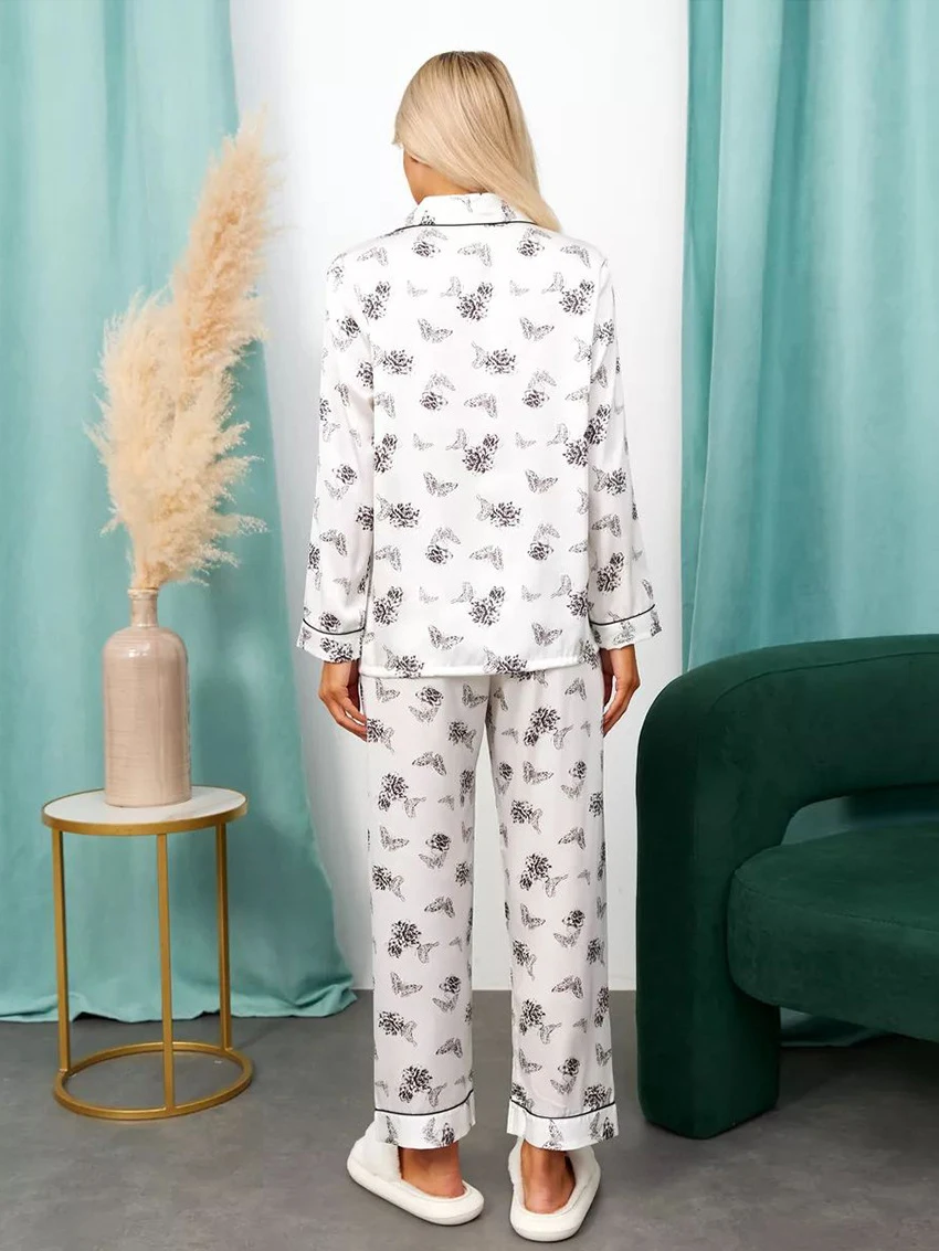 Marthaqiqi Spring Female Pajamas 2 Piece Suit Long Sleeve Nightgowns Turn-Down Collar Sleepwear Pants Casual Home Clothes Women